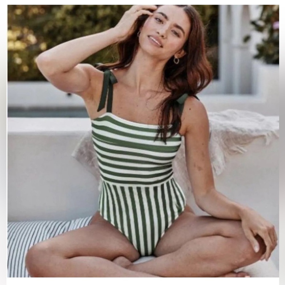 NWT Summersalt Olive Green and White Stripe The Tie Oasis Swimsuit Size 6